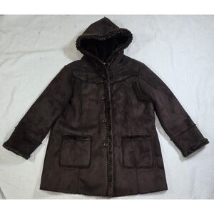 St John's Bay Womens Dark Chocolate Brown Faux Shearling Hooded Coat Rope Trim